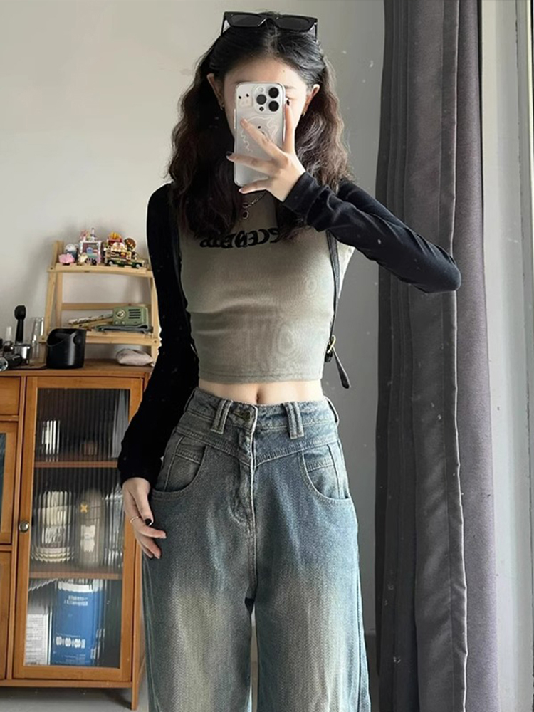 95 rayon 5 spandex American retro hottie raglan sleeve long sleeve t-shirt women's early spring slim short top
