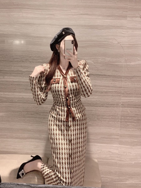 RM24581#新款气质千鸟格小香风外套搭配半身裙时尚两件套