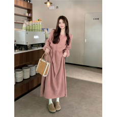 批发韩系chic设计感圆领灯芯绒连衣<b class='q'>裙</b>女泡泡袖宽松休闲<b class='q'>裙</b>子