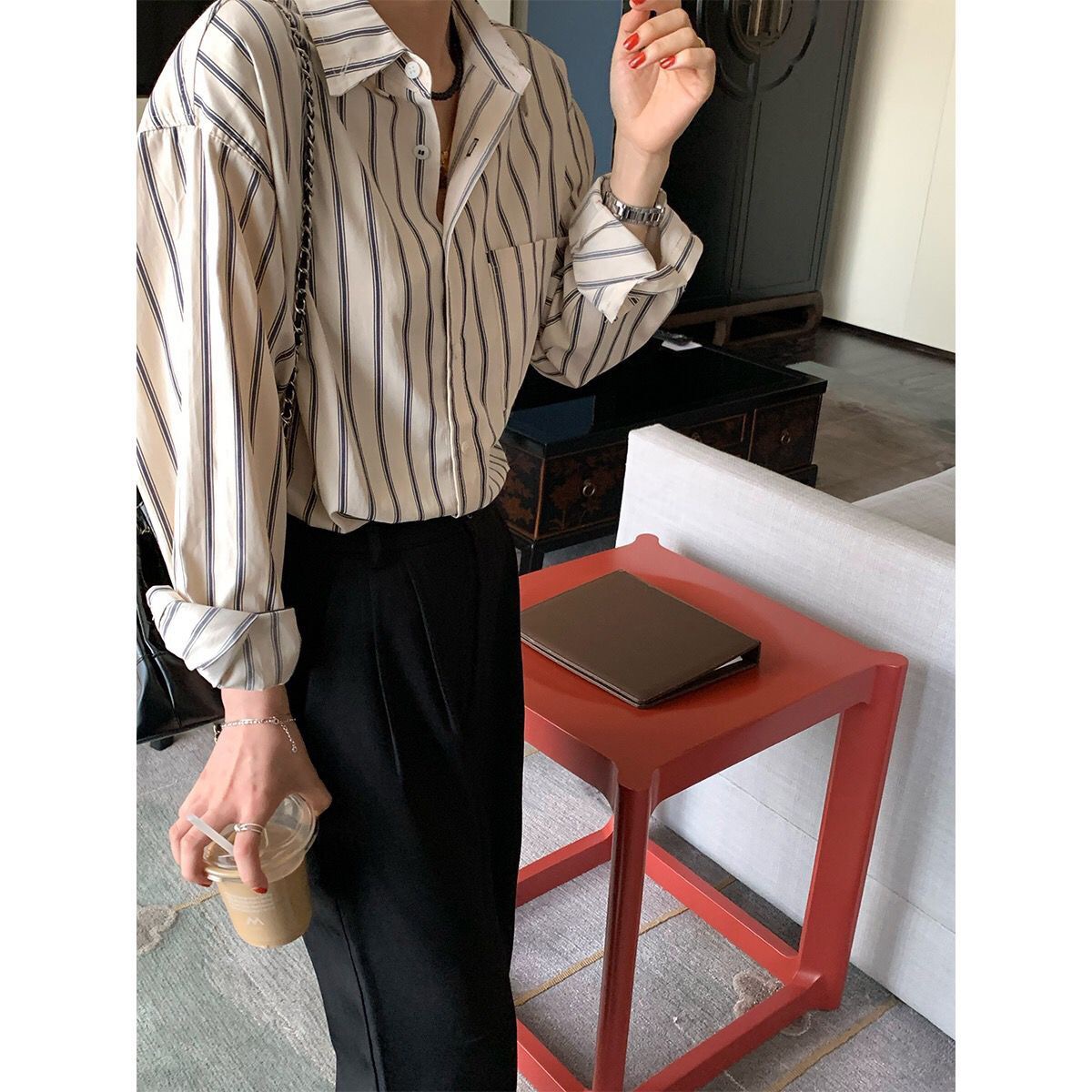 pijiuu 杏色條紋襯衫女秋季新款設計感小眾襯衣韓版疊穿上衣