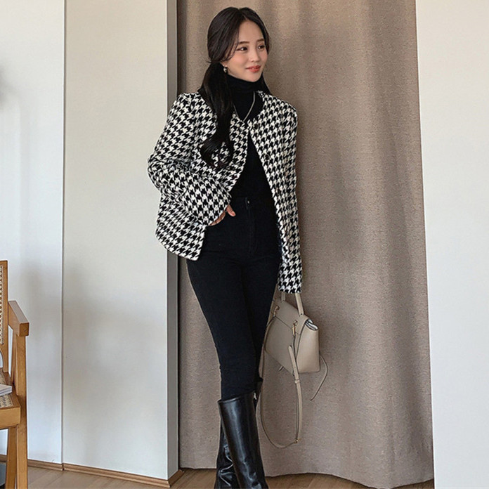 Korean style simple round neck houndstooth short jacket for women  autumn new small tweed casual jacket top