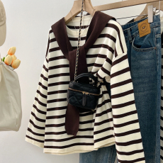 批发大码女装披肩条纹长袖针织衫套头宽松显瘦打底衫上衣女