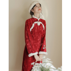 批发冬季过年新款旗袍圆领马甲红色刺绣两件套国风套装