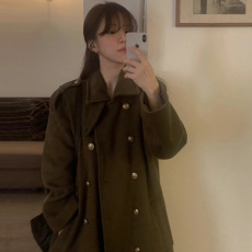 批发清仓特价 不退不换 法式复古高级感双排金扣收腰系带毛呢外套大衣