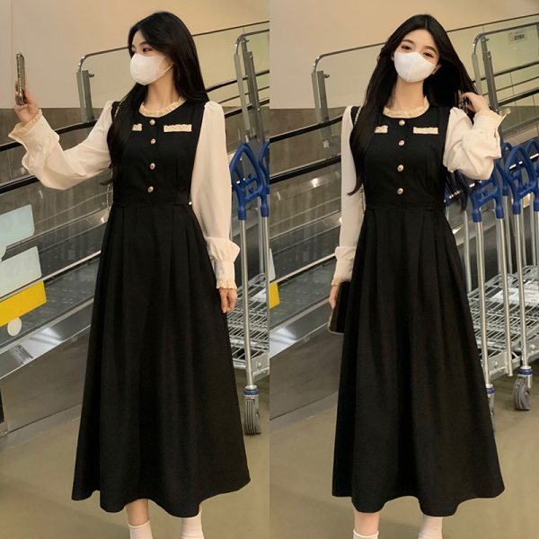 RM24823#大码法式复古甜美假两件小黑裙精致花边小香风拼接连衣裙