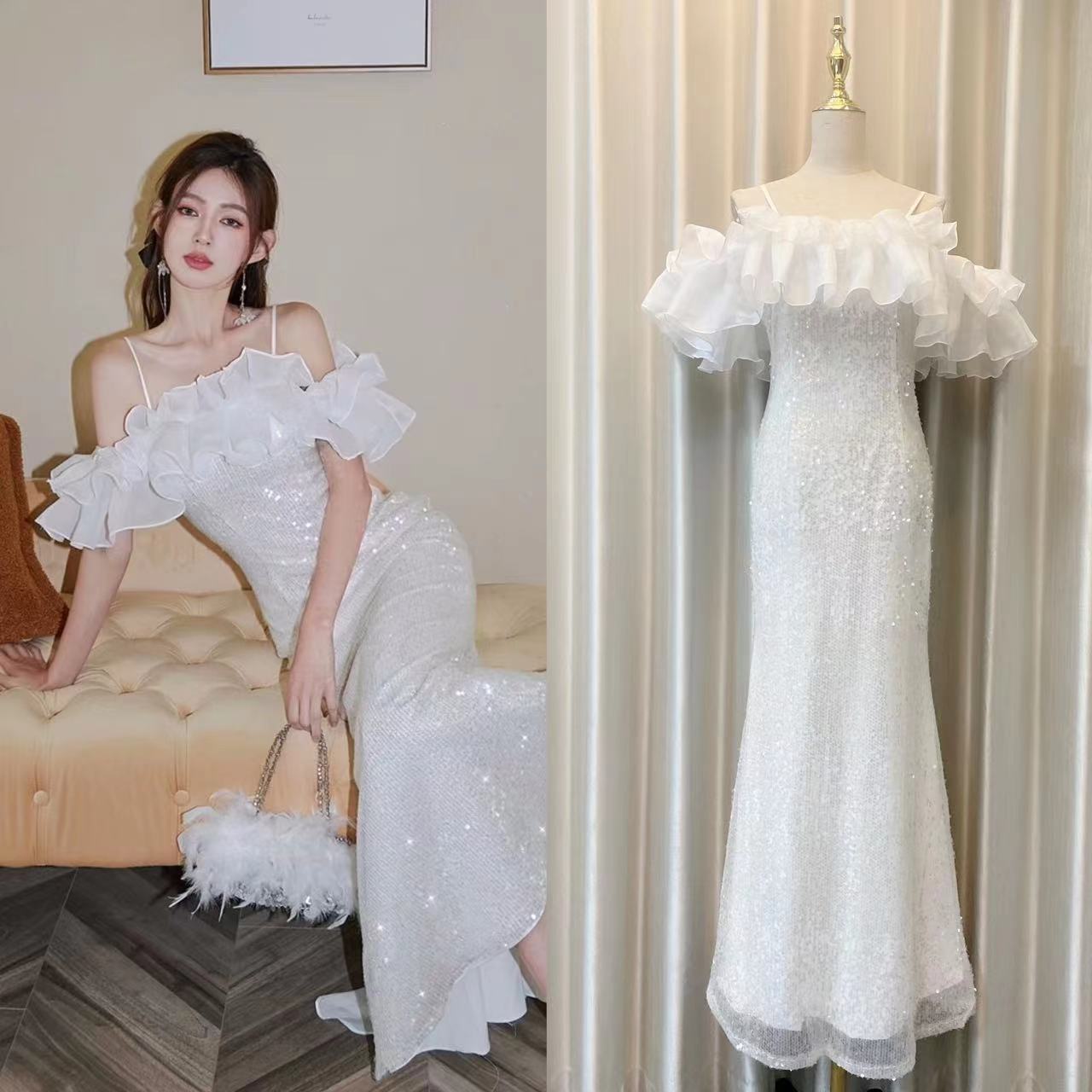 좋은 플래시 스팽글 오프숄더 드레스 인어 꼬리 스커트 3 차원 프릴 튜브탑 작은 드레스