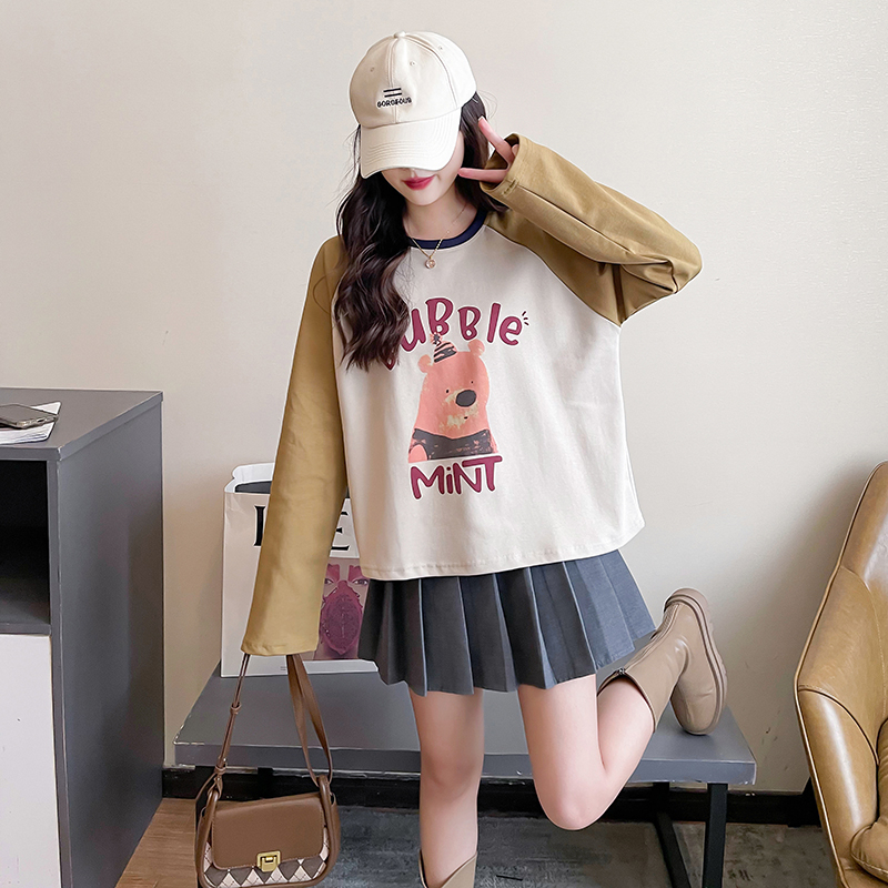 First real shot of 230g double-sided cotton spring and autumn raglan sleeves printed short trendy long-sleeved tops plus size women's 200 pounds