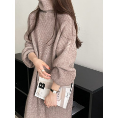 Actual shot ~ 2023 autumn and winter women's high-neck knitted skirt mid-length loose slimming lazy style solid color dress