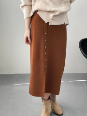 Actual shot~French style high-waisted mid-length knitted skirt for women with front slit, hip-covering and slimming one-step skirt