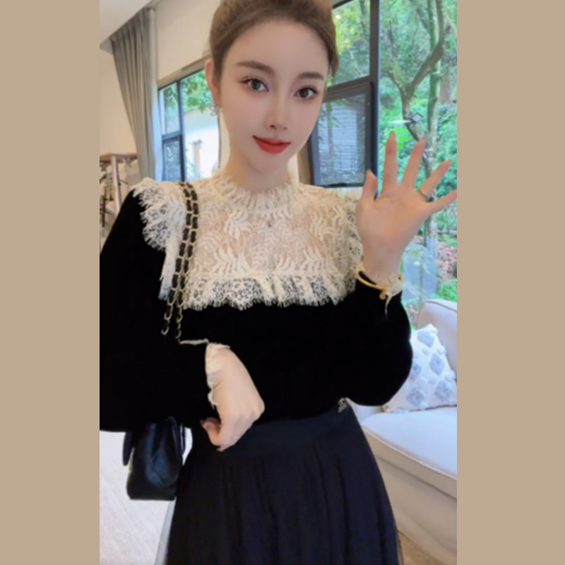初秋女裝2023新款蕾絲拼接毛衣針織打底衫短款上衣奶系穿搭早秋季