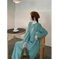 批发韩系chic设计感圆领灯芯绒连衣<b class='q'>裙</b>女泡泡袖宽松休闲<b class='q'>裙</b>子