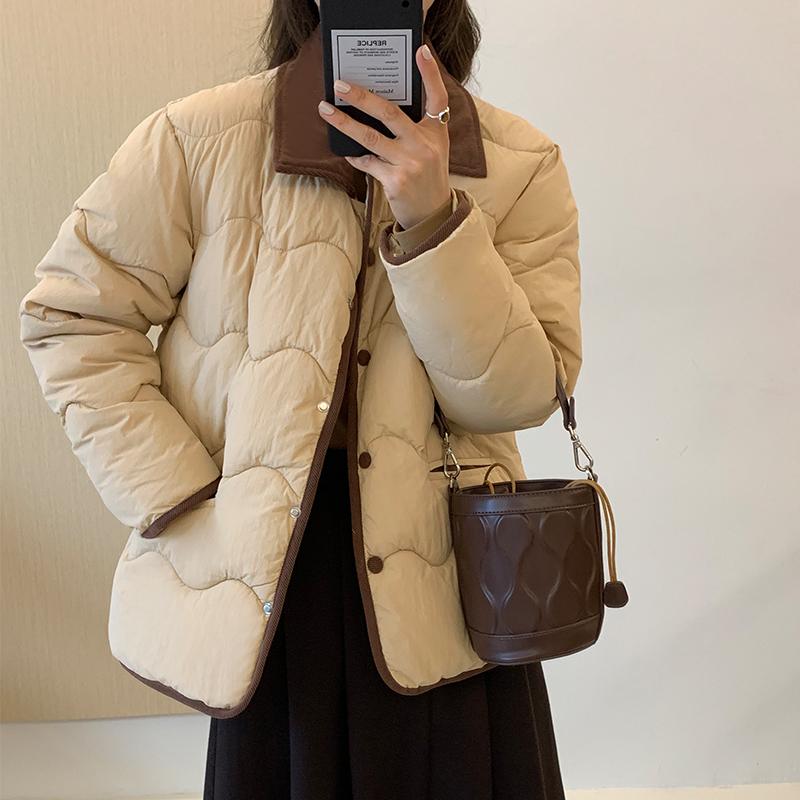 Real shot of ins light down cotton jacket for women corduroy lapel short style fashionable casual cotton coat winter