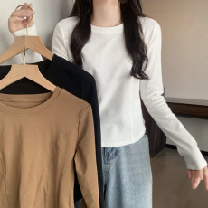 批发5色纯欲风鱼骨线长袖T恤女上衣春秋季显瘦个性小众内搭打底衫
