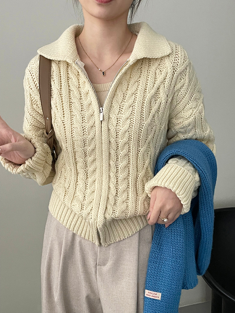 實拍~韓系復古麻花翻領毛衣女百搭寬鬆慵懶風針織開衫外套