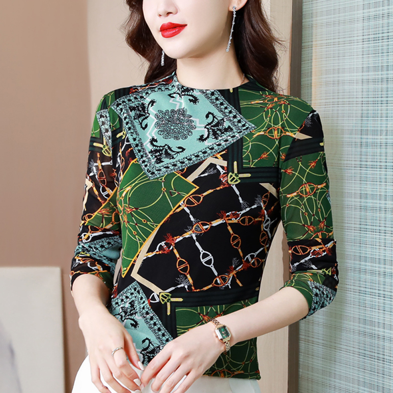 MY13007# 印花真丝上衣女长袖大码洋气妈妈t恤桑蚕丝小衫女裝貨源服裝...