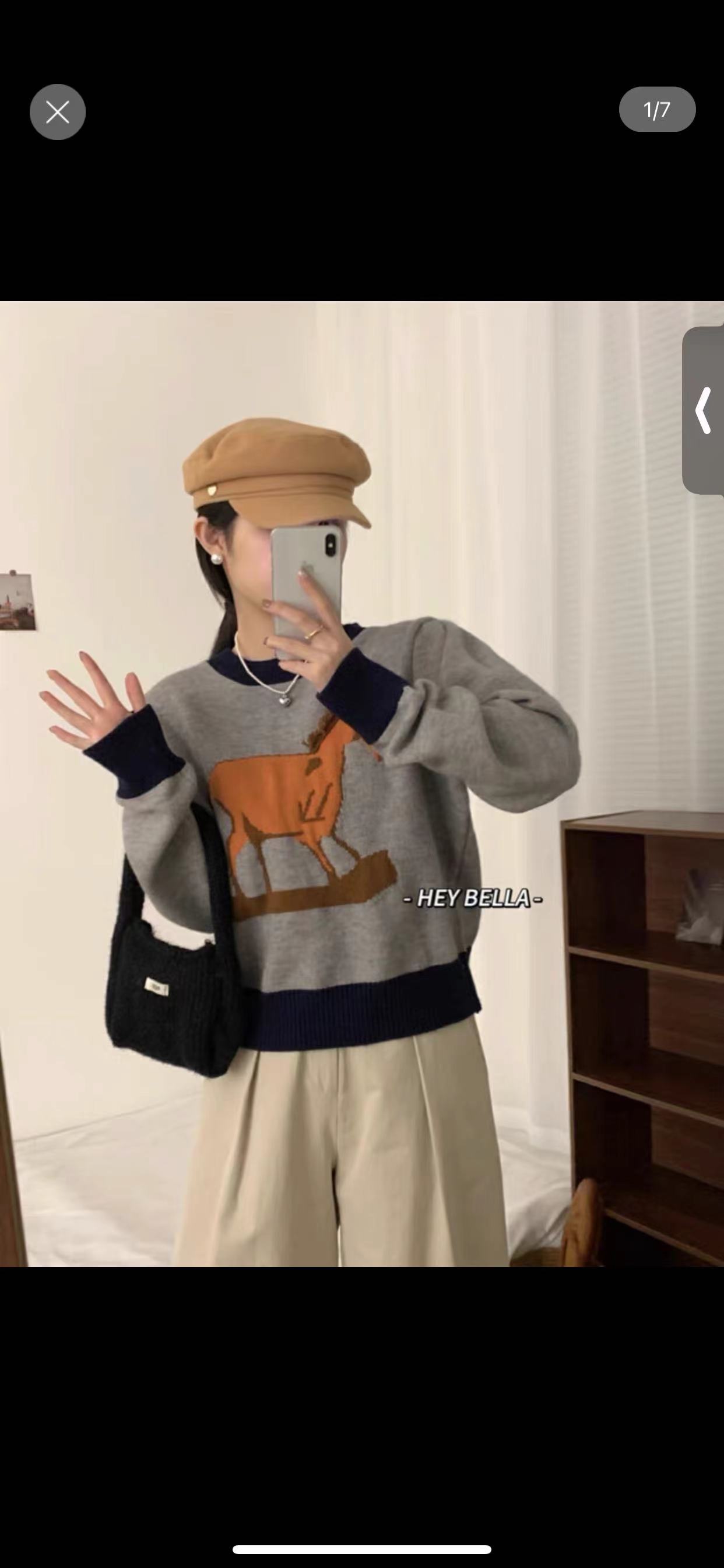 MUKOK全羊毛套頭針織衫女秋冬趣味小馬減齡撞色百搭減齡慵懶毛衣