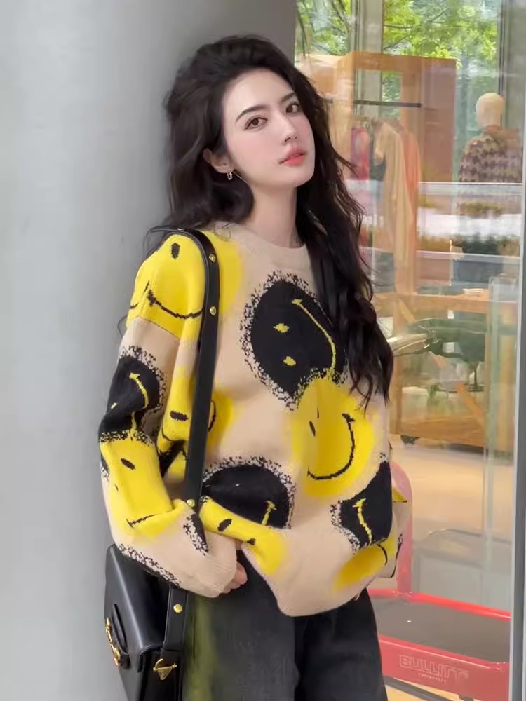 笑臉2023秋季新款潮流撞色提花圓領毛衣女裝針織衫百搭上衣
