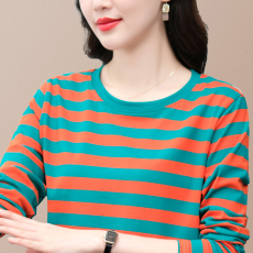 批发纯棉长袖t恤女士横条纹外穿<b class='q'>打底衫</b>中年妈妈小衫圆领宽松百搭上衣