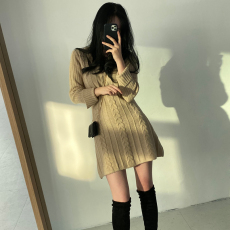 批发实价 韩国复古麻花<b class='q'>中长</b>款V领保暖毛衣修身长袖针织<b class='q'>连衣裙</b>女