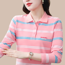 批发条纹长袖t恤女士<b class='q'>春</b>秋装纯棉翻领2025新款中年妈妈有领上衣打底衫