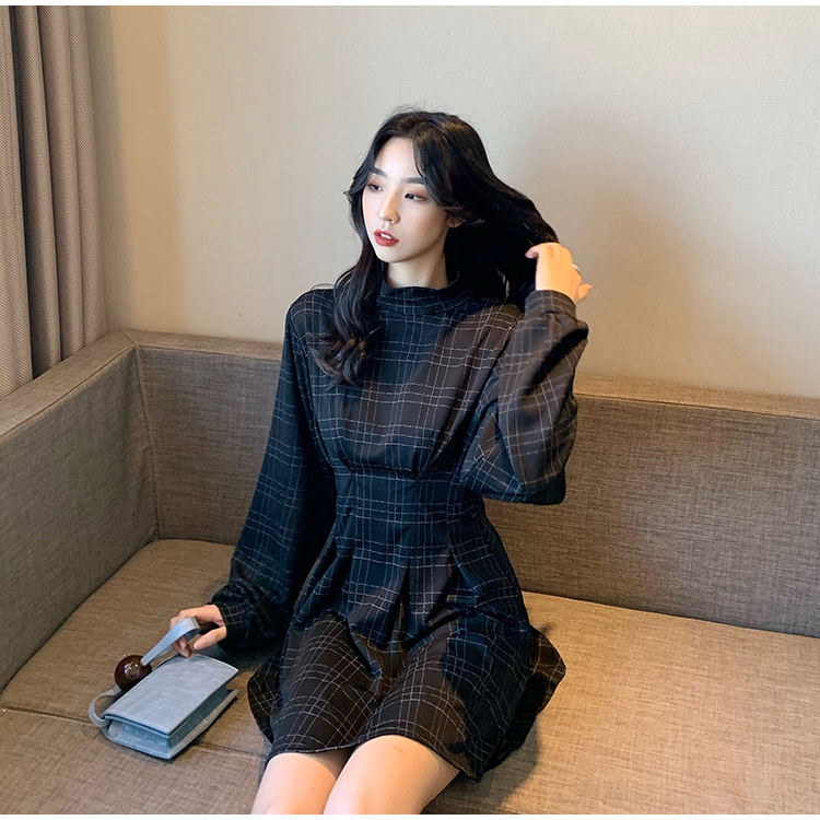 Ms XIDU  Autumn and Winter Long Sleeve Plaid Dress Short Skirt Waist Slimming Dark Dark Little Black Dress Temperament Women