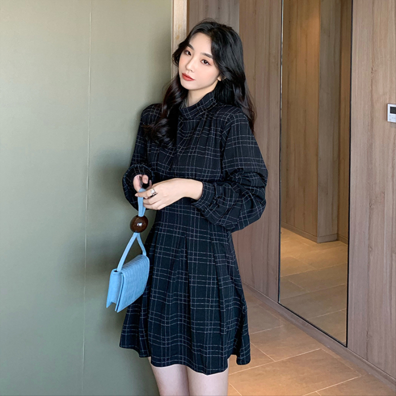 Ms XIDU  Autumn and Winter Long Sleeve Plaid Dress Short Skirt Waist Slimming Dark Dark Little Black Dress Temperament Women