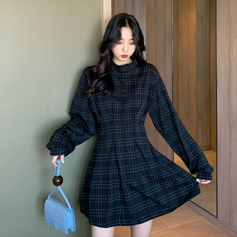 Ms XIDU  Autumn and Winter Long Sleeve Plaid Dress Short Skirt Waist Slimming Dark Dark Little Black Dress Temperament Women