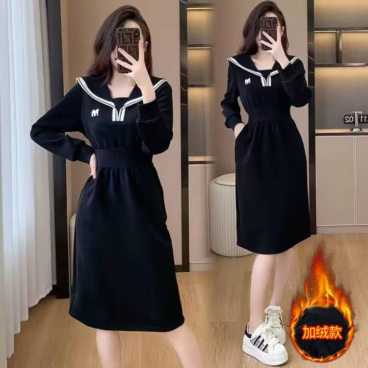 MY15213# 法式高级感赫本风长款加绒卫衣连衣裙气质收腰减龄显瘦a字裙...