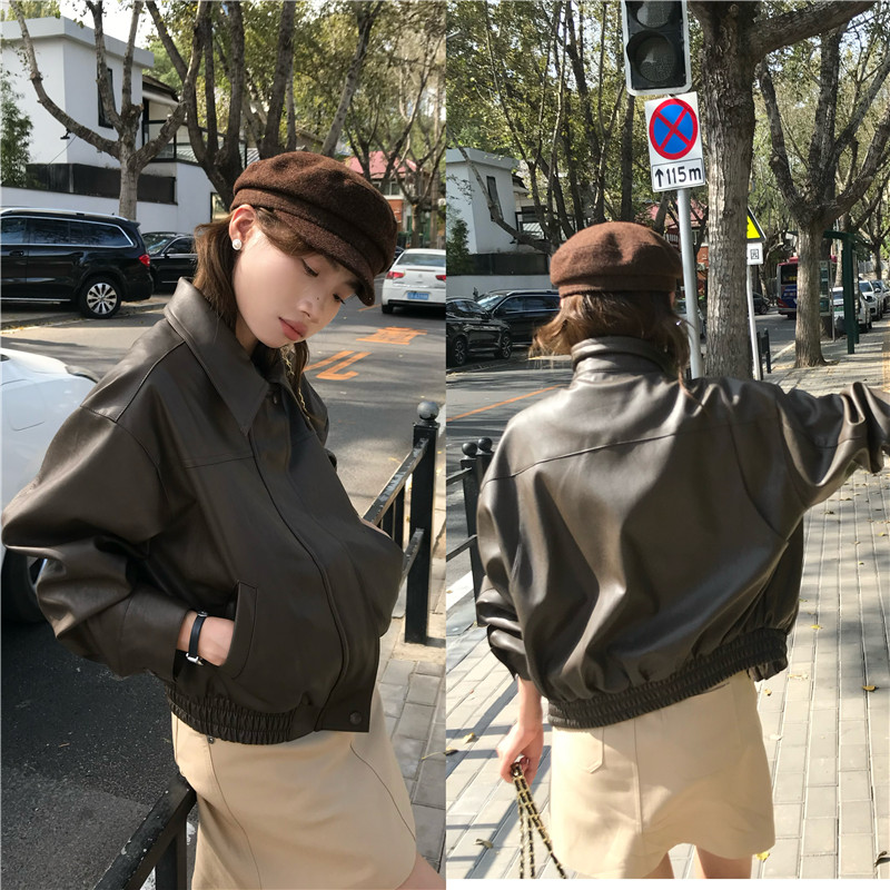 Real shot of Korean style American retro short solid color long-sleeved cardigan leather jacket