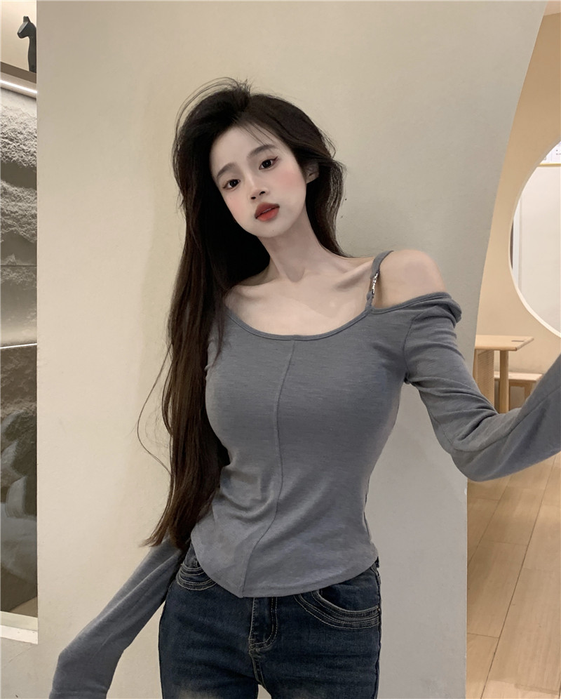 Actual shot ~ Large U-neck shoulder bag design autumn slimming pullover bottoming long-sleeved top for women