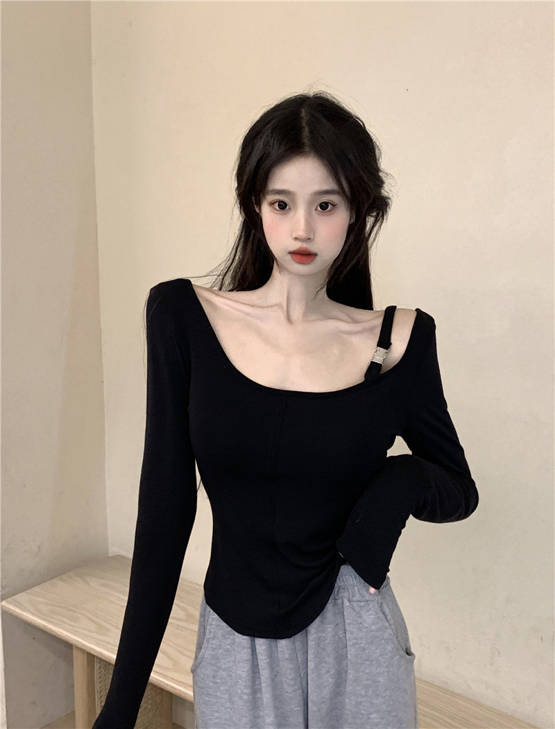 Actual shot ~ Large U-neck shoulder bag design autumn slimming pullover bottoming long-sleeved top for women