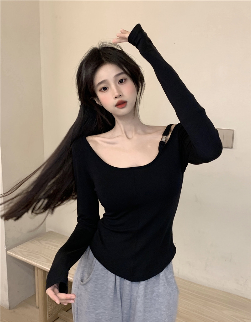 Actual shot ~ Large U-neck shoulder bag design autumn slimming pullover bottoming long-sleeved top for women