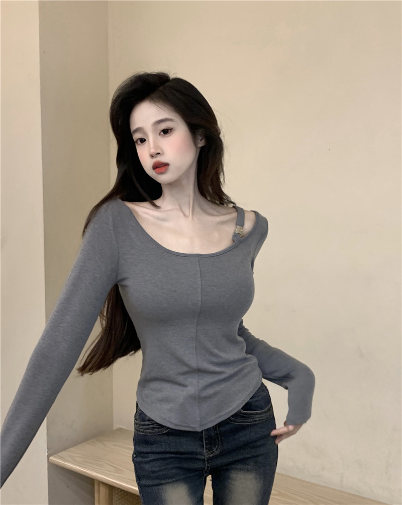 Actual shot ~ Large U-neck shoulder bag design autumn slimming pullover bottoming long-sleeved top for women