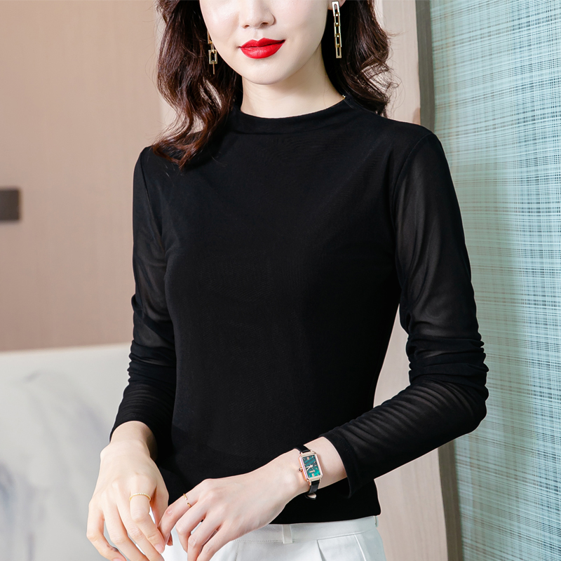 실사 2026 가을 새로운 한국 스타일 몸매 가꾸기 패션 다용도 반하이넥 단색 망사 긴팔 기본 셔츠 여성