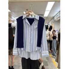 批发2026春秋季新款假两件针织披肩长袖<b class='q'>衬衫</b>女前短后长竖条纹宽松<b class='q'>衬衣</b>