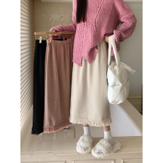 批发灯芯绒加绒加厚 <b class='q'>新款</b>流苏百搭后开叉休闲半身裙女