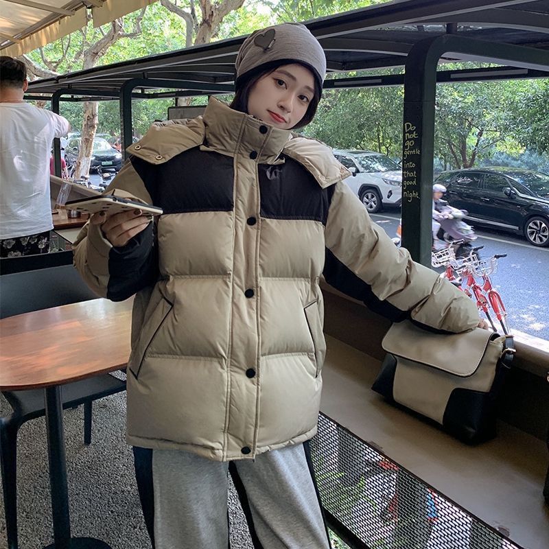 Official picture of hooded cotton coat for women in autumn and winter, designed with contrasting colors, loose and thickened bread coat, mid-length cotton coat