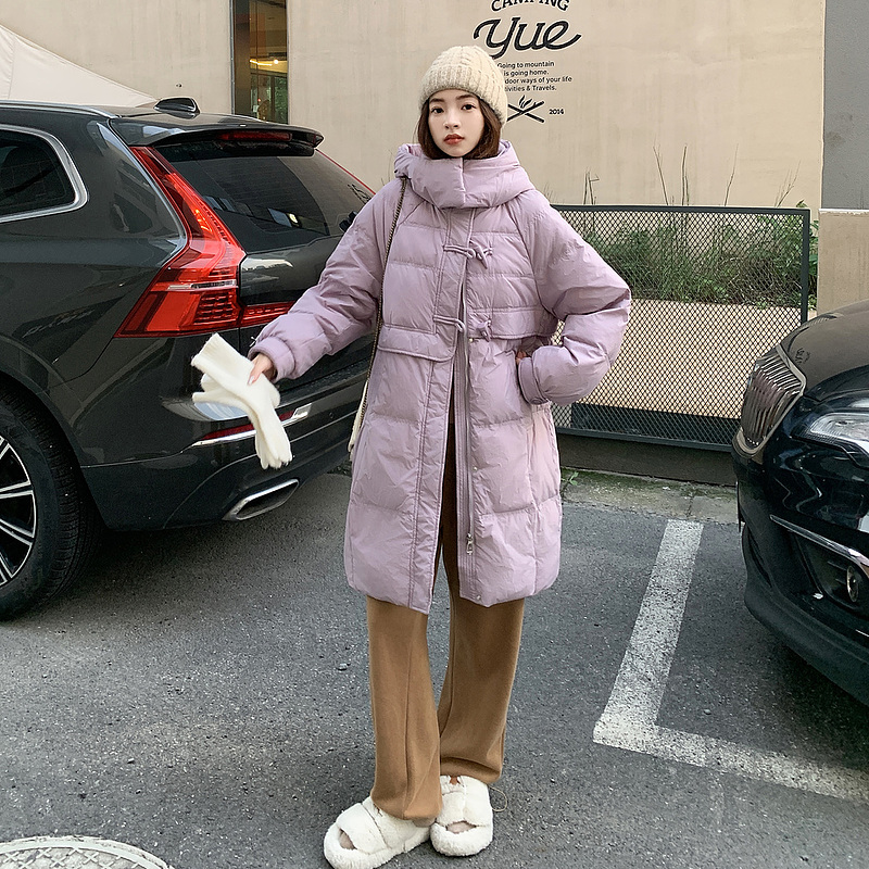 Actual shot of Korean style horn button winter new style down cotton coat for women, mid-length hooded loose over-the-knee thickened cotton coat