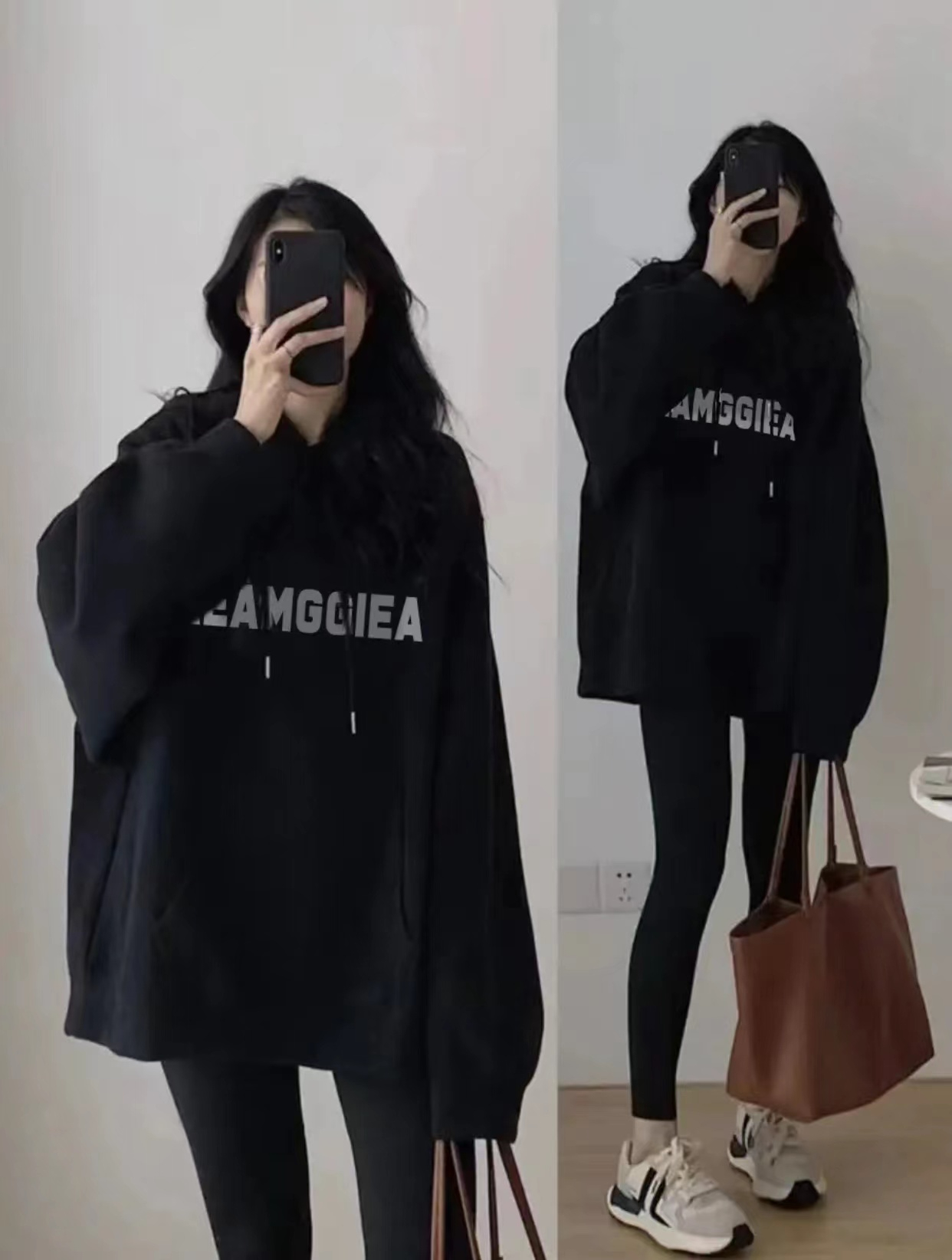 Original thin plus velvet autumn and winter new Chinese cotton composite mid-length Korean style loose letter hooded sweatshirt for women