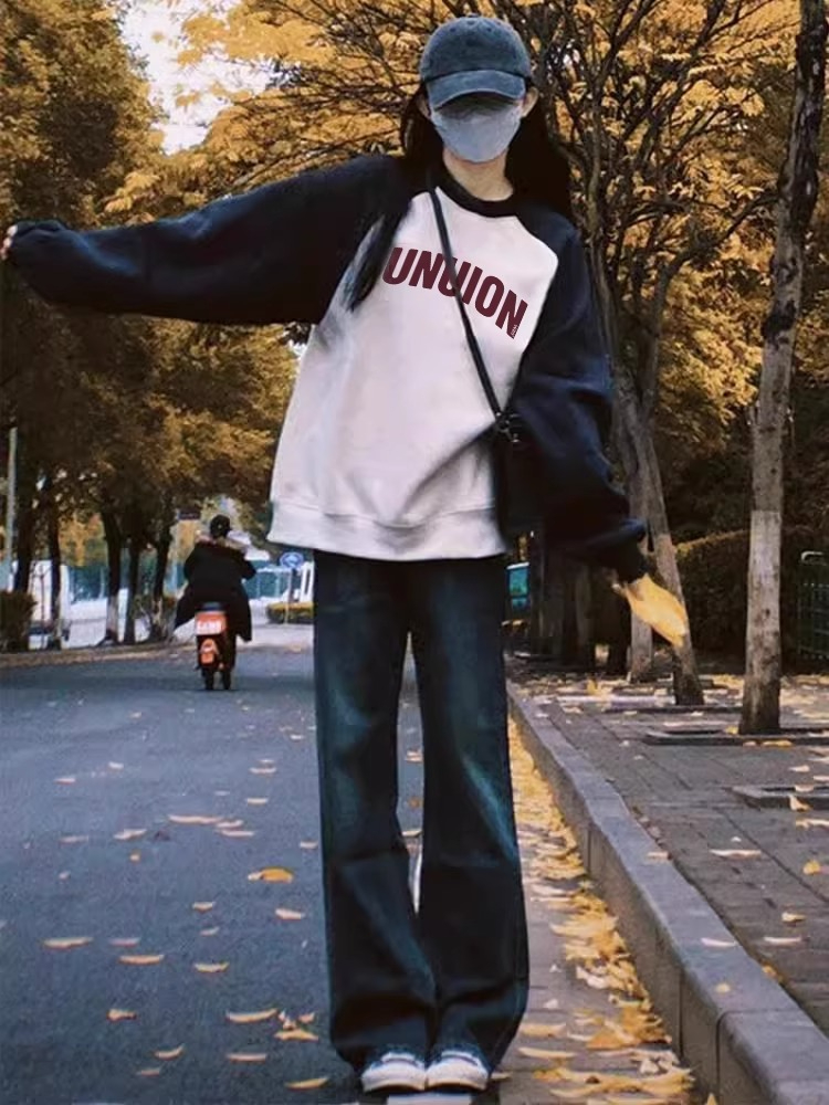 Original CVC cotton composite thin printed round neck raglan sweatshirt women's loose long-sleeved top
