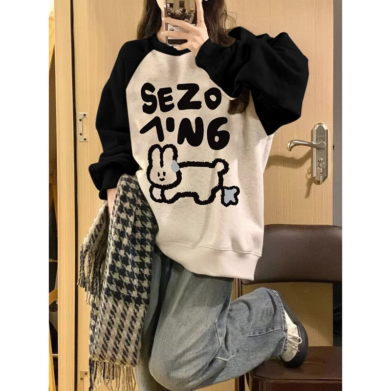 Original Chinese cotton composite American round neck raglan sweatshirt for women autumn new loose thin long-sleeved top