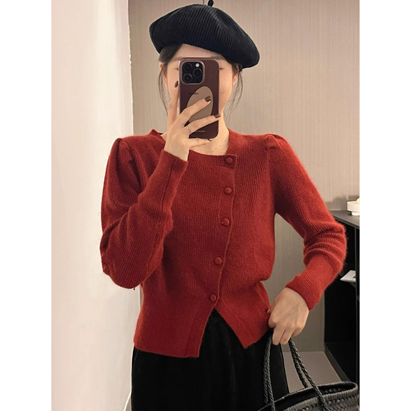 Solid color chic and beautiful niche design irregular slim wool sweater cardigan short knitted sweater top jacket