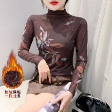 批发加绒加厚新款高领长袖<b class='q'>网纱</b>定位印花t恤女时尚修身<b class='q'>打底衫</b>潮