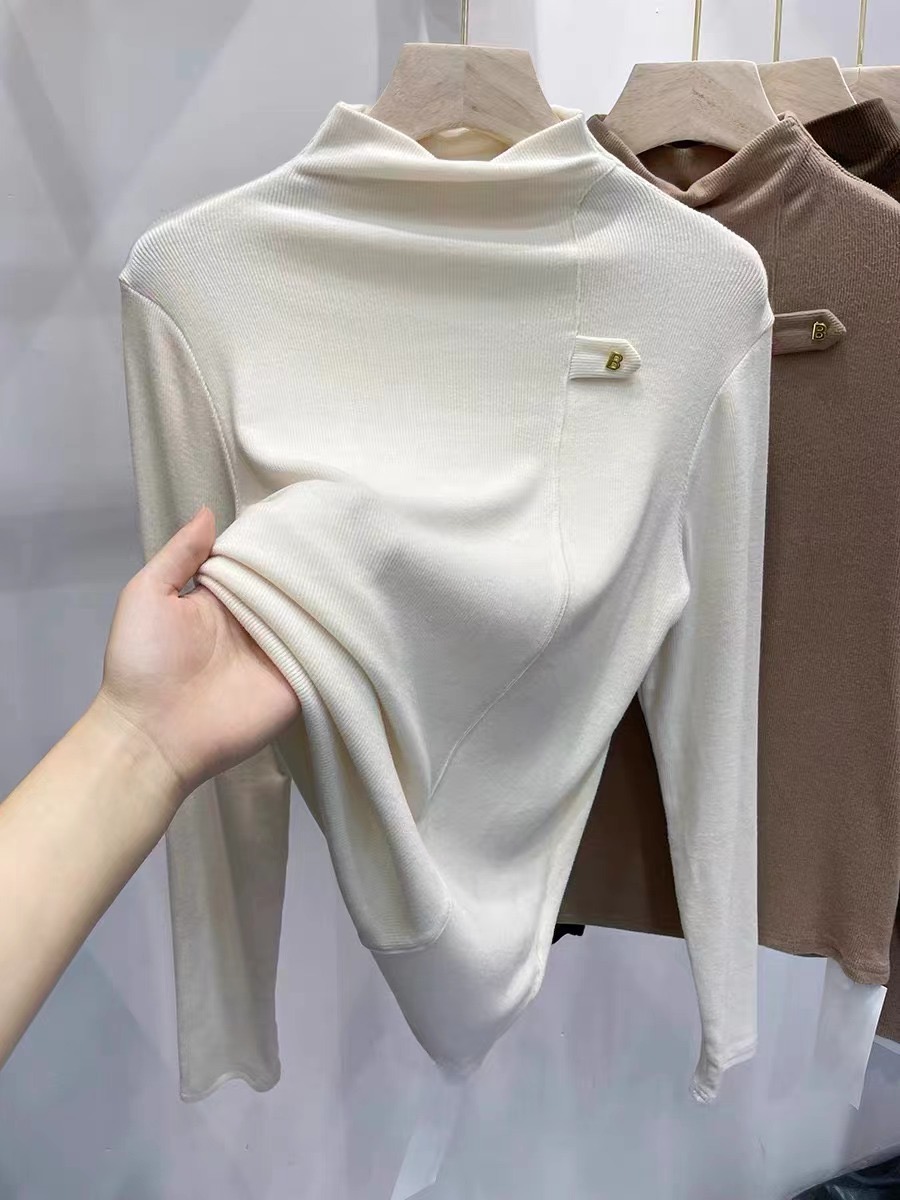 Double-sided cashmere semi-turtle collar long-sleeved T-shirt for women 2023 autumn and winter new fashion style inner layering shirt top trend