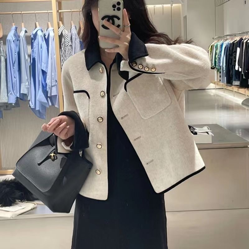 Double-sided woolen coat, women's short coat, celebrity small fragrant style coat, contrasting color autumn and winter new Korean version for small people
