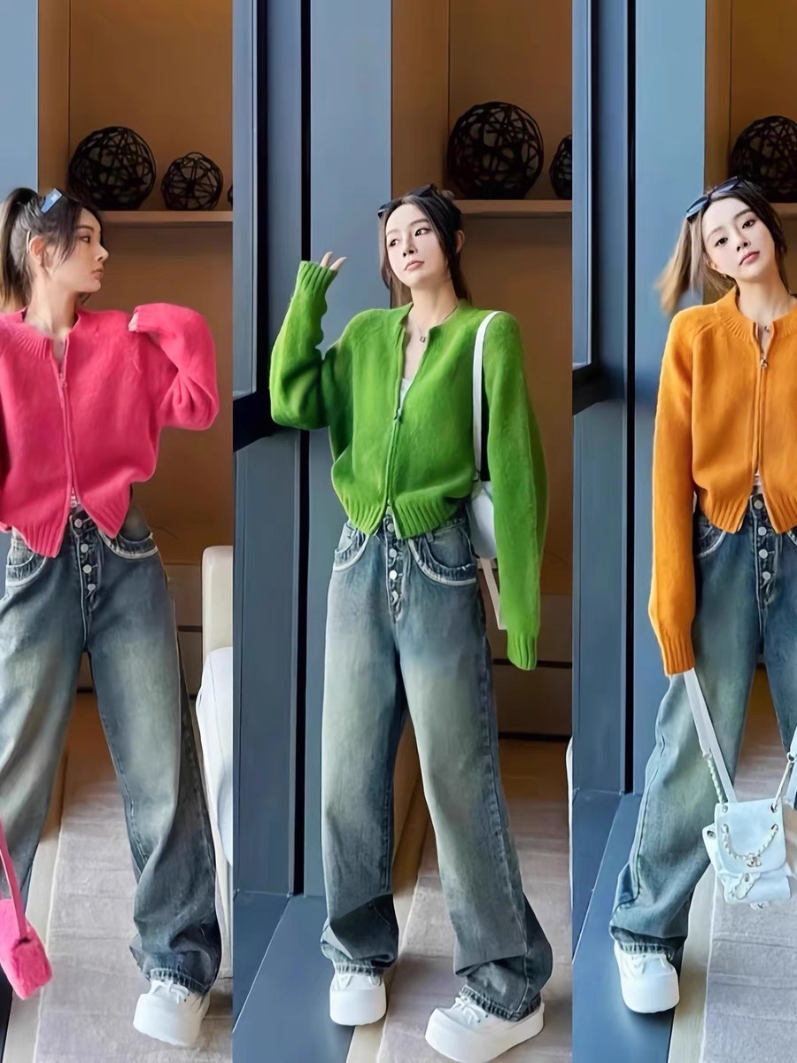 SG / Yang Yishan AW Korean style simple and versatile double zipper short solid color sweater jacket