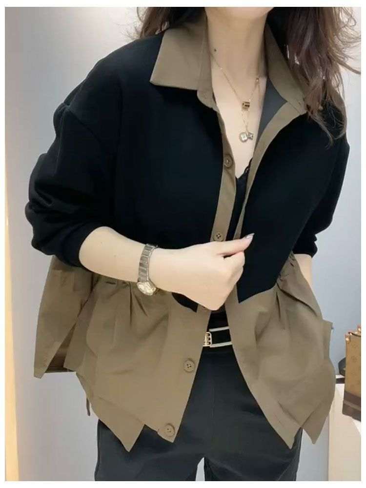 2023 high-end contrasting color stitching women's jacket spring new style polo collar double pocket loose casual mom wear