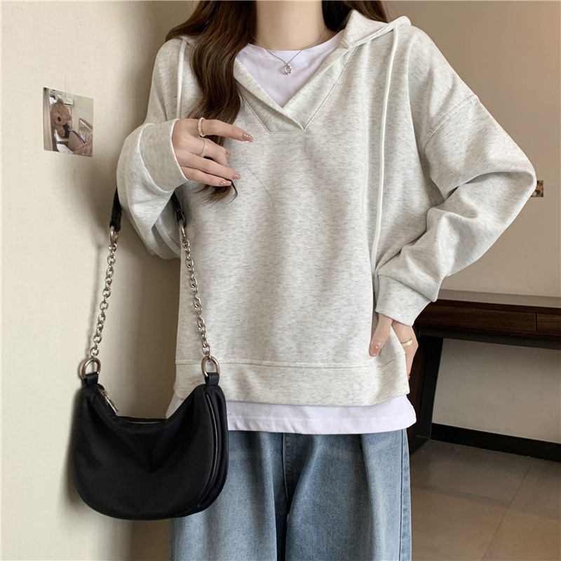 Real shot of pure cotton Chinese cotton composite milk silk 320g thin spliced ​​fake two-piece hooded sweatshirt for women with collar