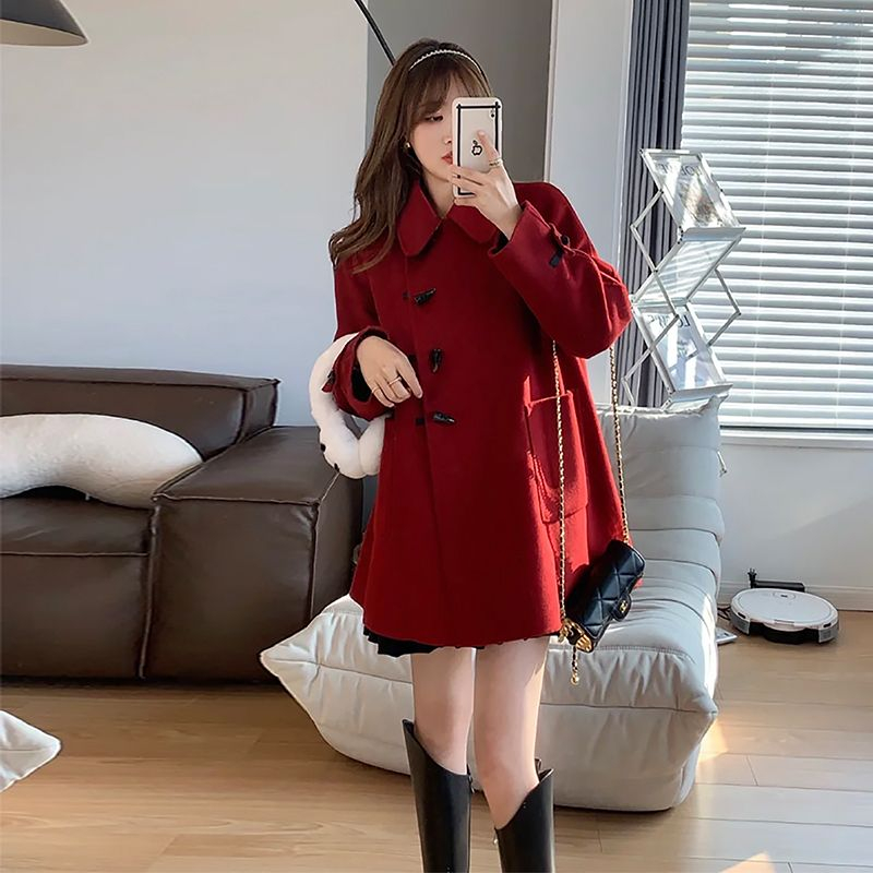 高級感紅色毛呢外套女2023秋冬新款韓版顯瘦小個子牛角扣呢子大衣