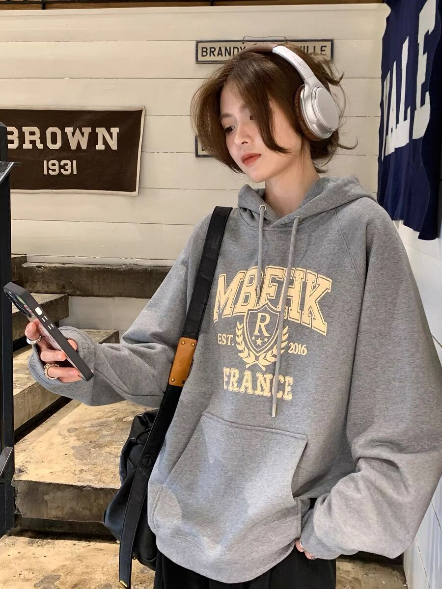 阿一 重磅美式衛衣女秋季新款寬鬆oversize灰色復古連帽休閒外套